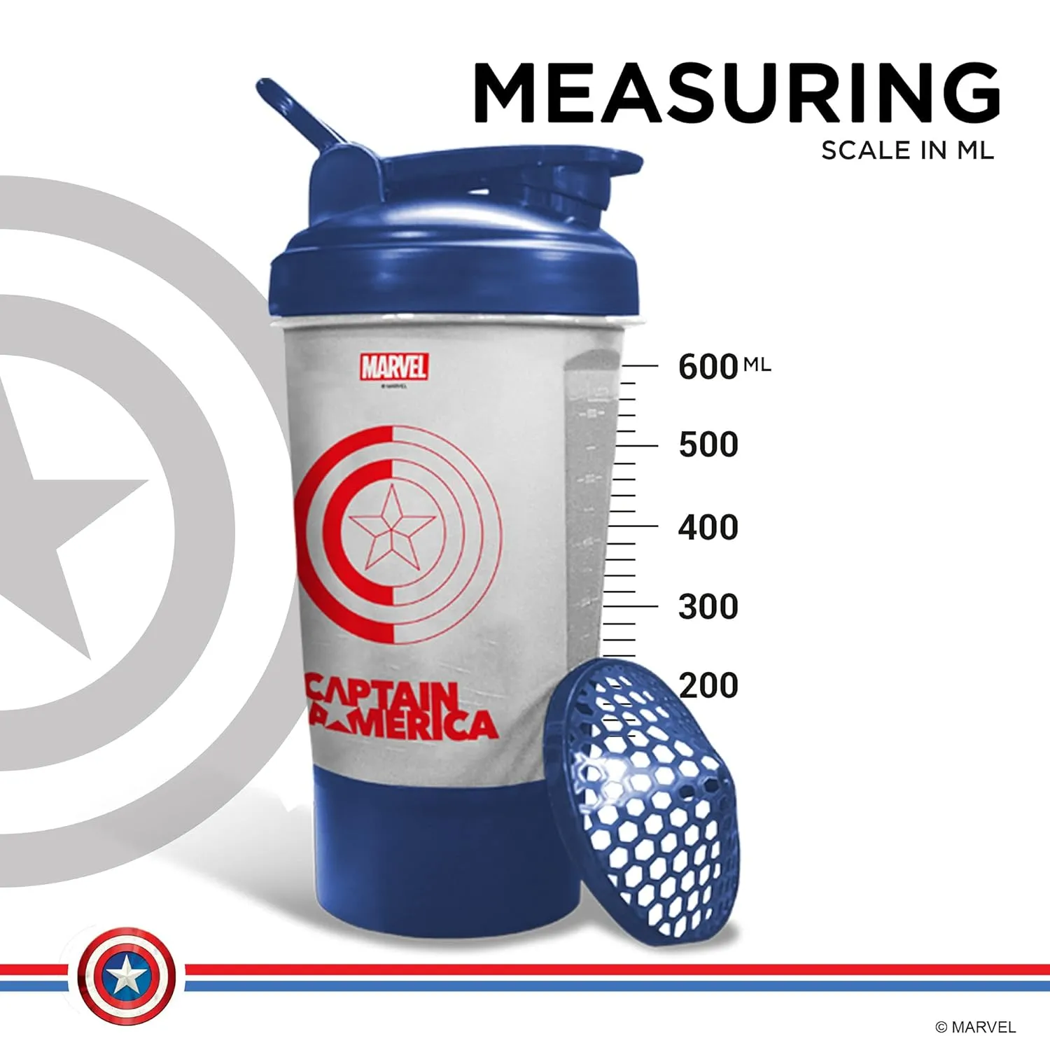 MSB-6S Captain America Marvel Edition Shaker Bottle 600ml | 100% Leakproof Guarantee Sipper Bottle Ideal for Protein | Pre-Workout and BCAAS | BPA Free Material | Plastic (Clear)