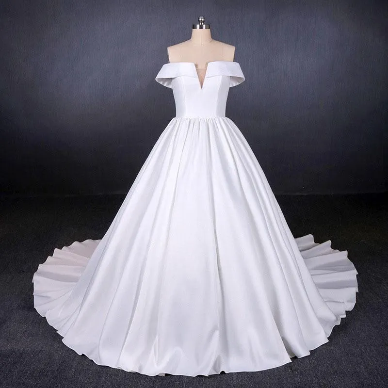 Puffy Off the Shoulder Satin Wedding Dress, Ball Gown Long Bridal Dress with Long Train UQ2286