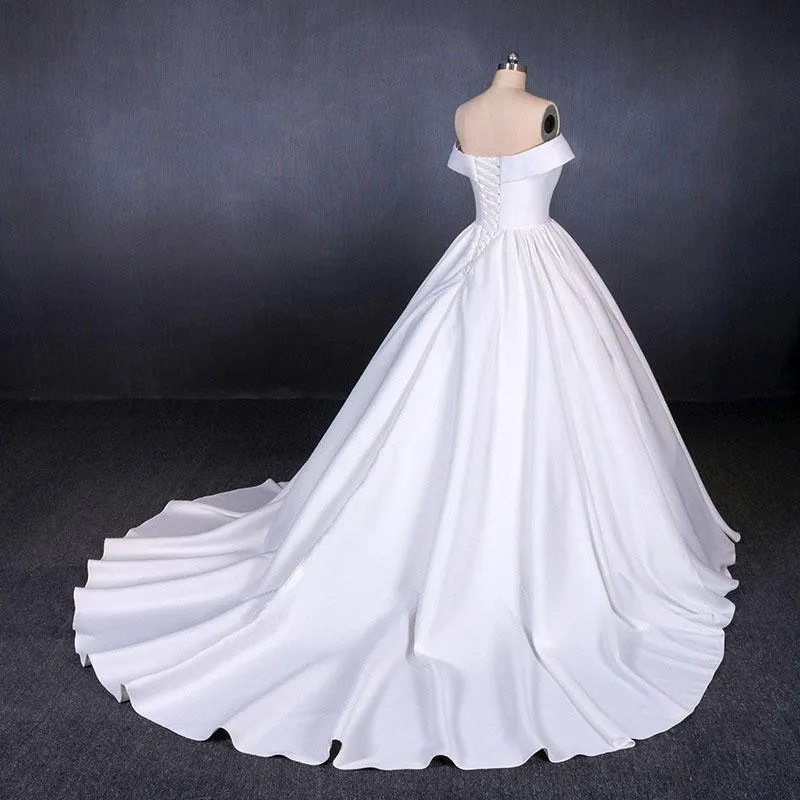 Puffy Off the Shoulder Satin Wedding Dress, Ball Gown Long Bridal Dress with Long Train UQ2286