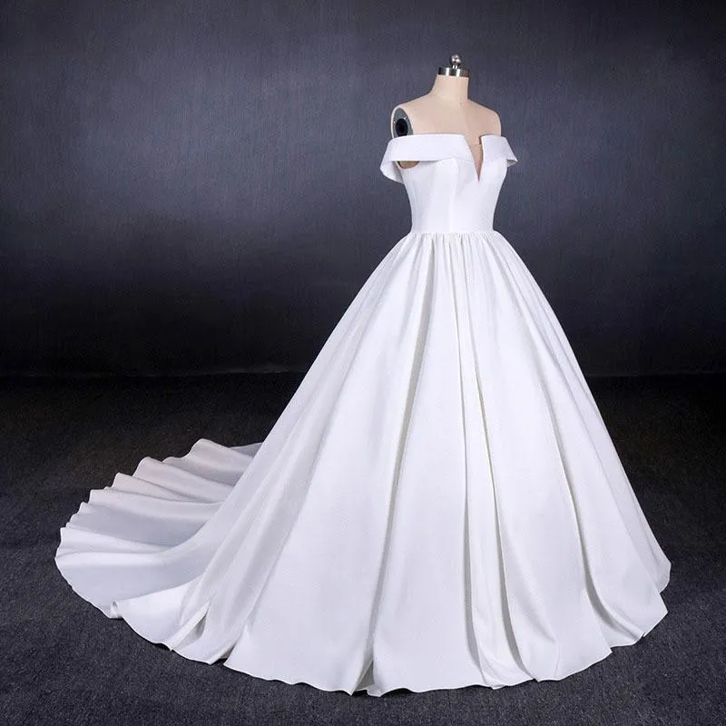 Puffy Off the Shoulder Satin Wedding Dress, Ball Gown Long Bridal Dress with Long Train UQ2286